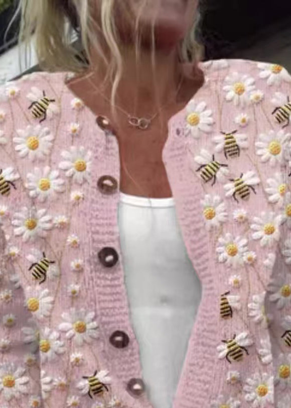 Jacquard Pink Button Cozy Knit Cardigan Spring