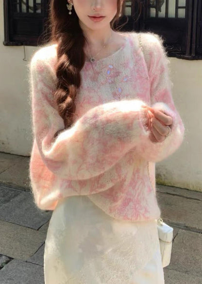 Jacquard Pink Embroidered Zircon Wool Knit Sweaters Spring