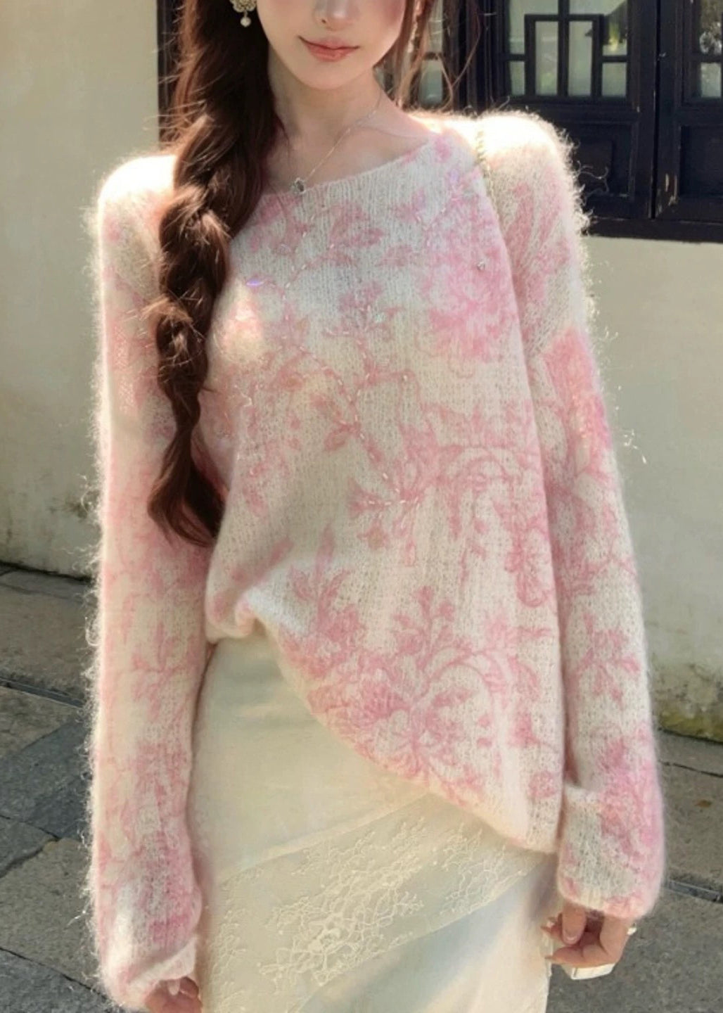 Jacquard Pink Embroidered Zircon Wool Knit Sweaters Spring