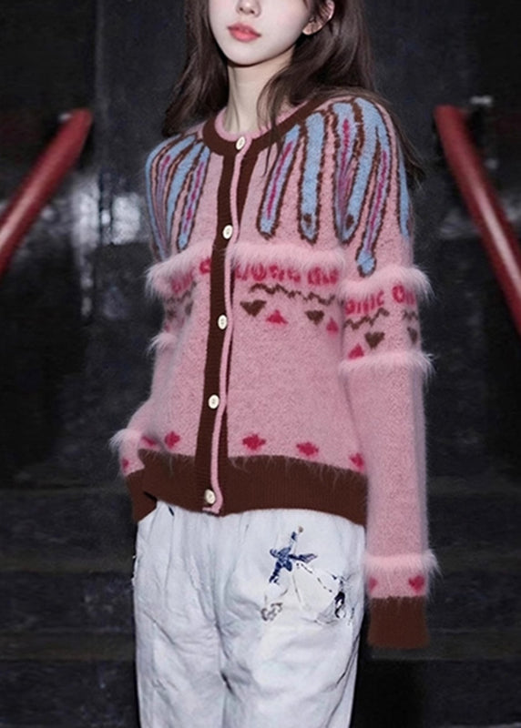 Jacquard Pink O-Neck Button Cotton Knit Cardigan Spring