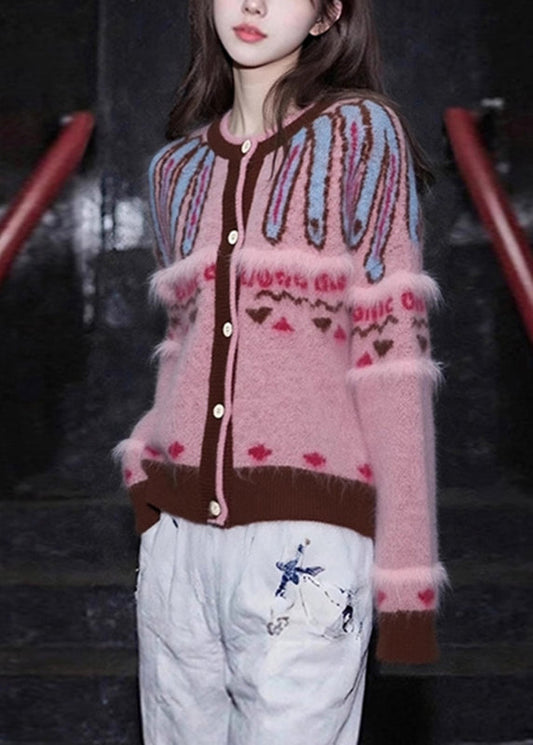 Jacquard Pink O-Neck Button Cotton Knit Cardigan Spring