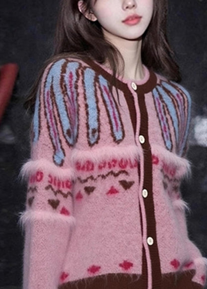 Jacquard Pink O-Neck Button Cotton Knit Cardigan Spring