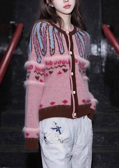 Jacquard Pink O-Neck Button Cotton Knit Cardigan Spring