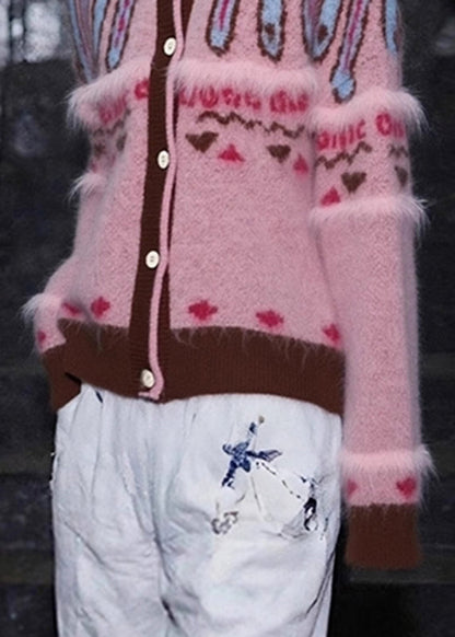 Jacquard Pink O-Neck Button Cotton Knit Cardigan Spring