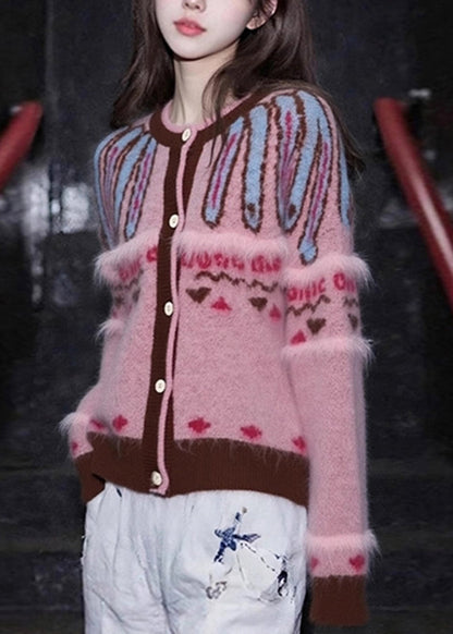 Jacquard Pink O-Neck Button Cotton Knit Cardigan Spring