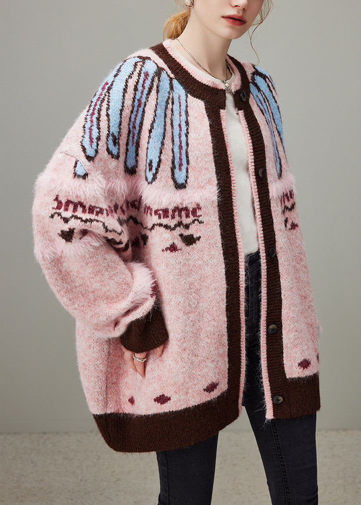 Jacquard Pink O Neck Button Cozy Knit Coat Winter