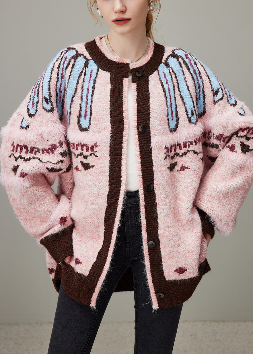 Jacquard Pink O Neck Button Cozy Knit Coat Winter