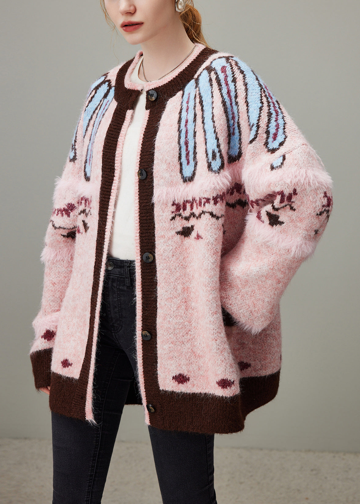 Jacquard Pink O Neck Button Cozy Knit Coat Winter