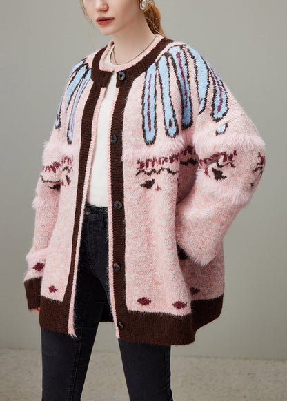 Jacquard Pink O Neck Button Cozy Knit Coat Winter