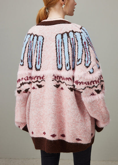 Jacquard Pink O Neck Button Cozy Knit Coat Winter