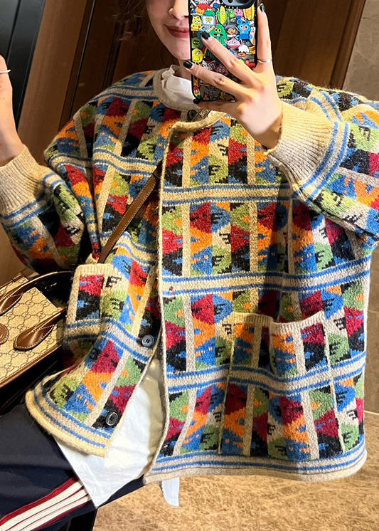 Jacquard Plaid Pockets Patchwork Knit Coat Spring