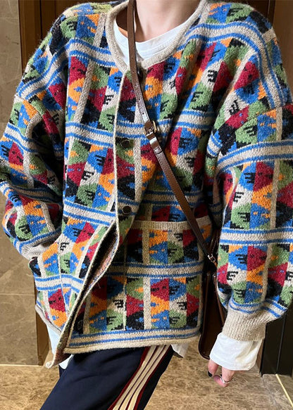 Jacquard Plaid Pockets Patchwork Knit Coat Spring