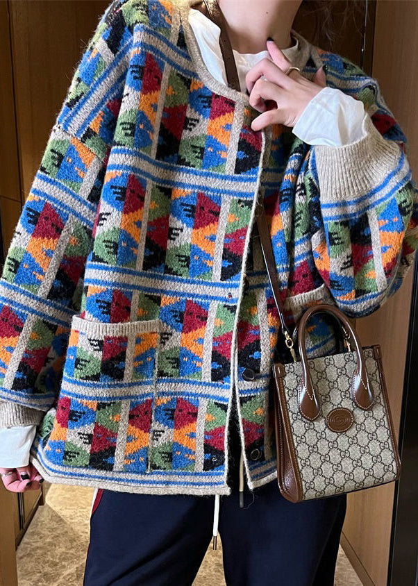 Jacquard Plaid Pockets Patchwork Knit Coat Spring