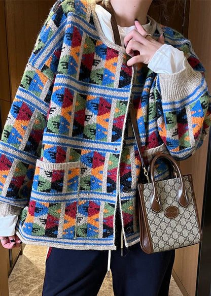 Jacquard Plaid Pockets Patchwork Knit Coat Spring