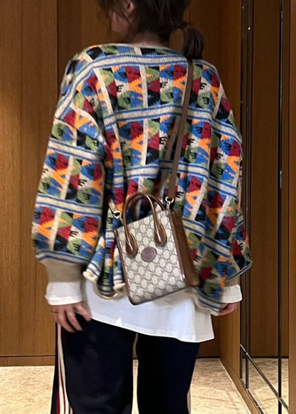 Jacquard Plaid Pockets Patchwork Knit Coat Spring