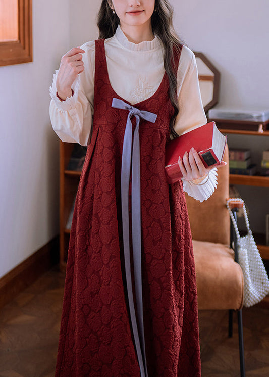 Jacquard Red Bow High Waist Cotton Long Dress Sleeveless