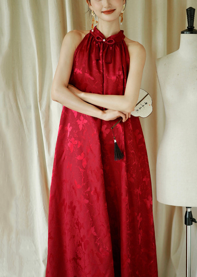 Jacquard Red Bow Loose Cotton Maxi Dresses Sleeveless