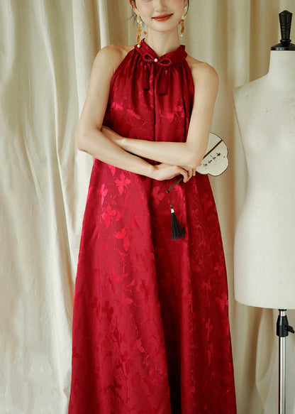 Jacquard Red Bow Loose Cotton Maxi Dresses Sleeveless