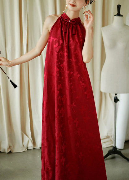 Jacquard Red Bow Loose Cotton Maxi Dresses Sleeveless