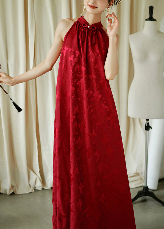 Jacquard Red Bow Loose Cotton Maxi Dresses Sleeveless