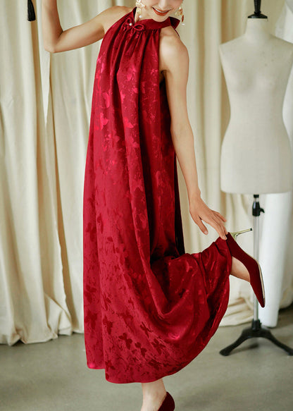 Jacquard Red Bow Loose Cotton Maxi Dresses Sleeveless