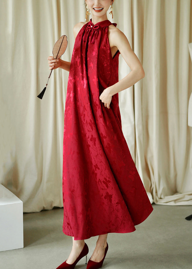 Jacquard Red Bow Loose Cotton Maxi Dresses Sleeveless