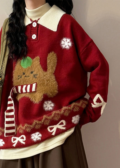 Jacquard Red Button Bow Kitten Patchwork Knit Sweaters Spring