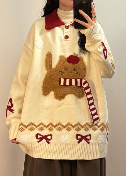 Jacquard Red Button Bow Kitten Patchwork Knit Sweaters Spring