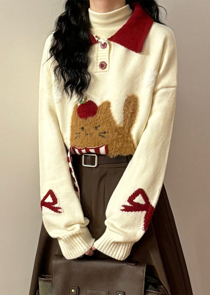 Jacquard Red Button Bow Kitten Patchwork Knit Sweaters Spring