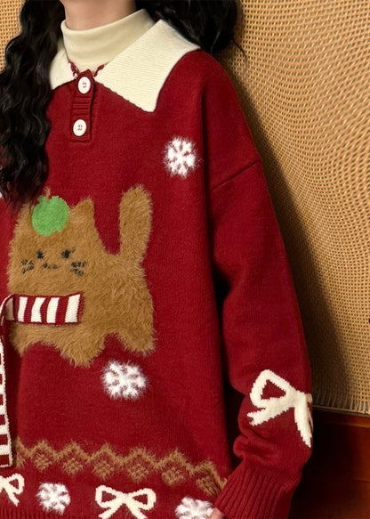 Jacquard Red Button Bow Kitten Patchwork Knit Sweaters Spring