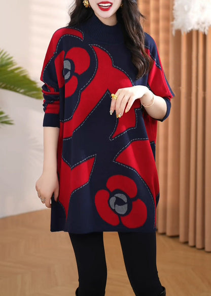 Jacquard Red Turtleneck Cozy Knit Sweaters Winter