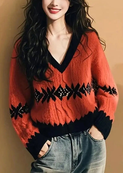 Jacquard Red V Neck Cozy Knit Knitted Sweaters Fall