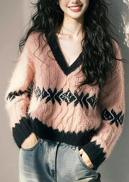 Jacquard Red V Neck Cozy Knit Knitted Sweaters Fall