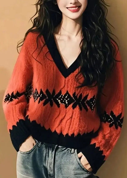 Jacquard Red V Neck Cozy Knit Knitted Sweaters Fall