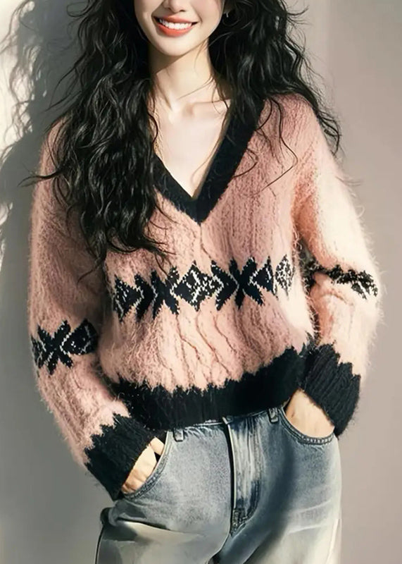 Jacquard Red V Neck Cozy Knit Knitted Sweaters Fall