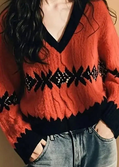 Jacquard Red V Neck Cozy Knit Knitted Sweaters Fall