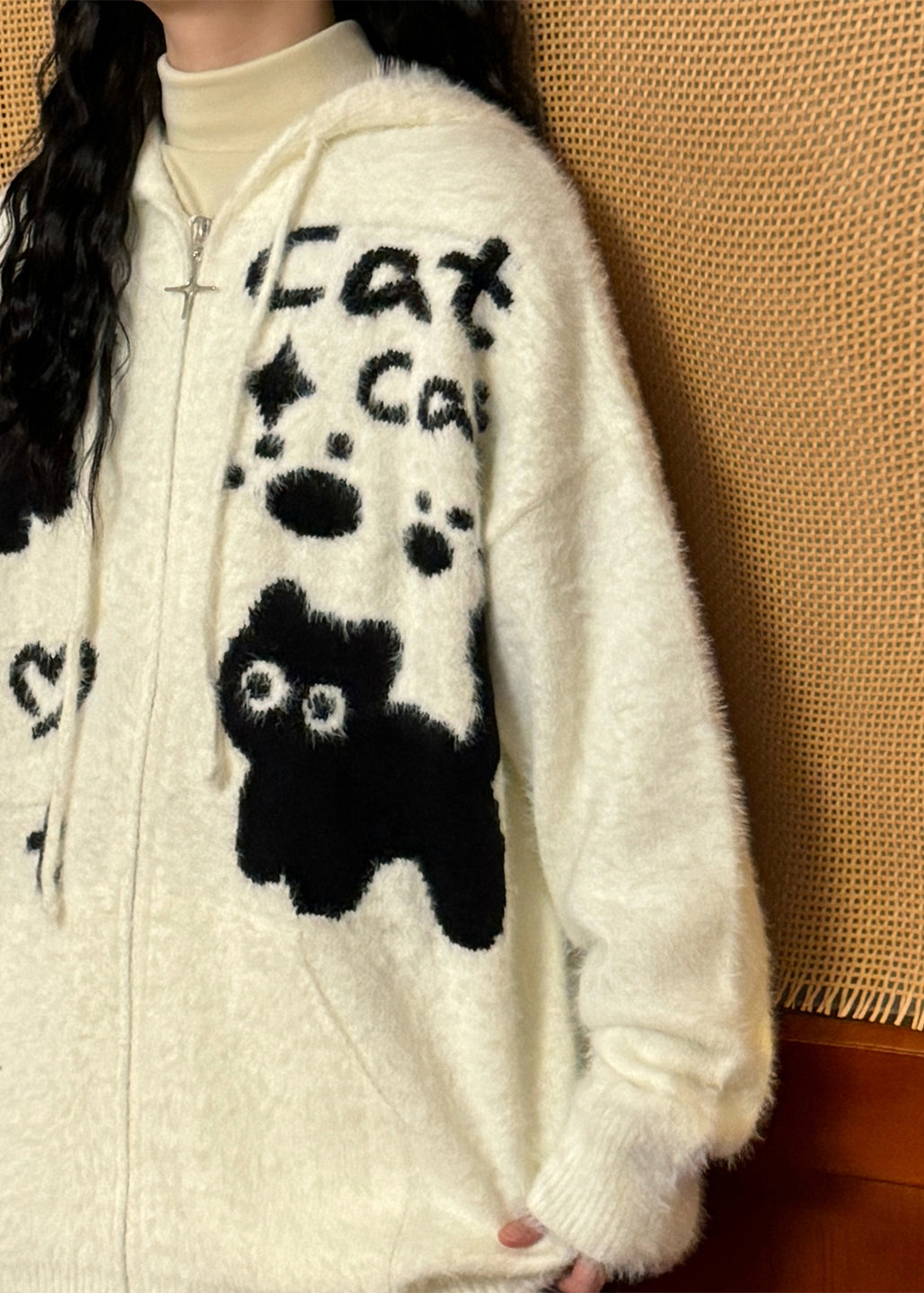 Jacquard White Hooded Zippered Mink Hair Knitted Coats Winter