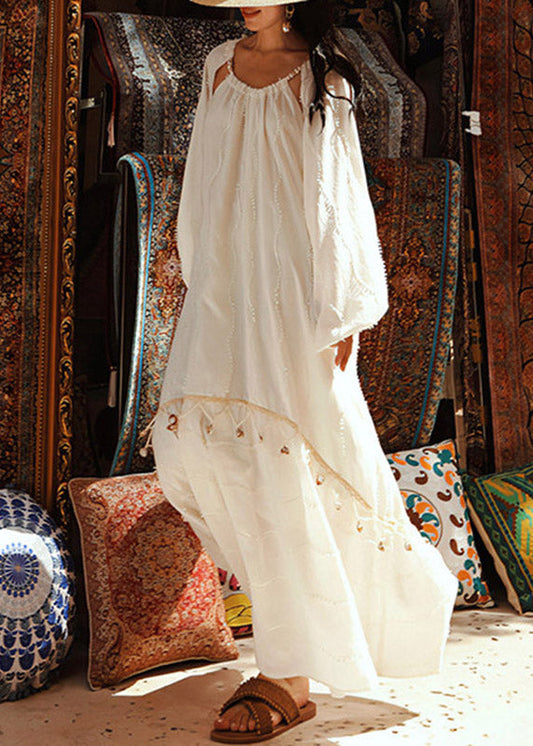 Jacquard White O-Neck Patchwork Shell Hollow Out Maxi Dress Lantern Sleeve