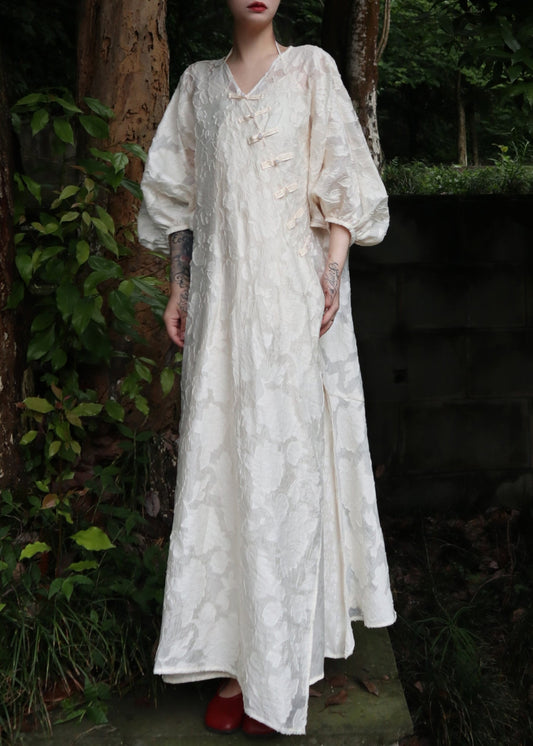 Jacquard White V Neck Long Dresses Three Quarter Lanterne Sleeve