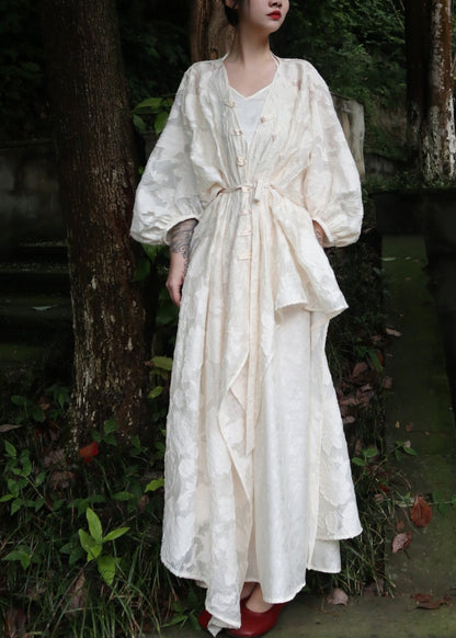 Jacquard White V Neck Long Dresses Three Quarter Lanterne Sleeve