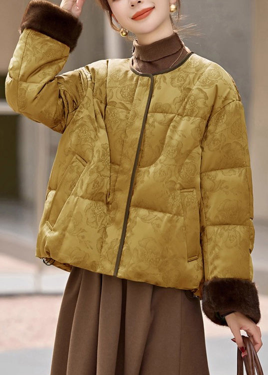 Jacquard Yellow Button Pockets Drawstring Down Coat