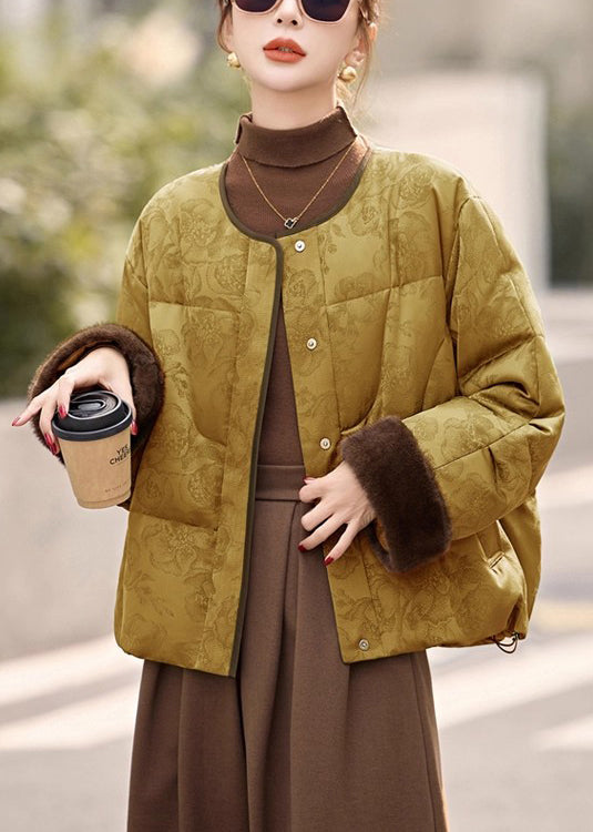 Jacquard Yellow Button Pockets Drawstring Down Coat