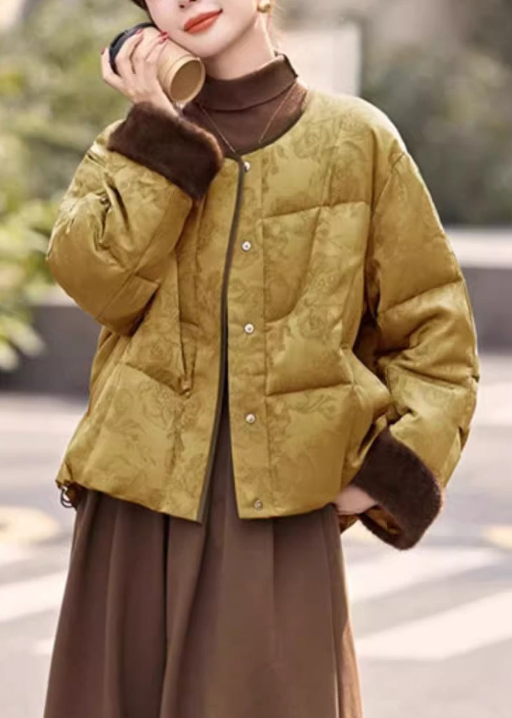 Jacquard Yellow Button Pockets Drawstring Down Coat