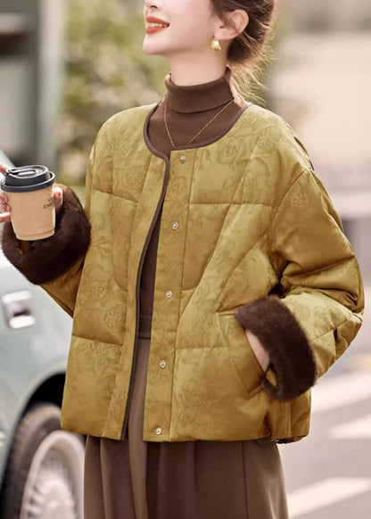 Jacquard Yellow Button Pockets Drawstring Down Coat