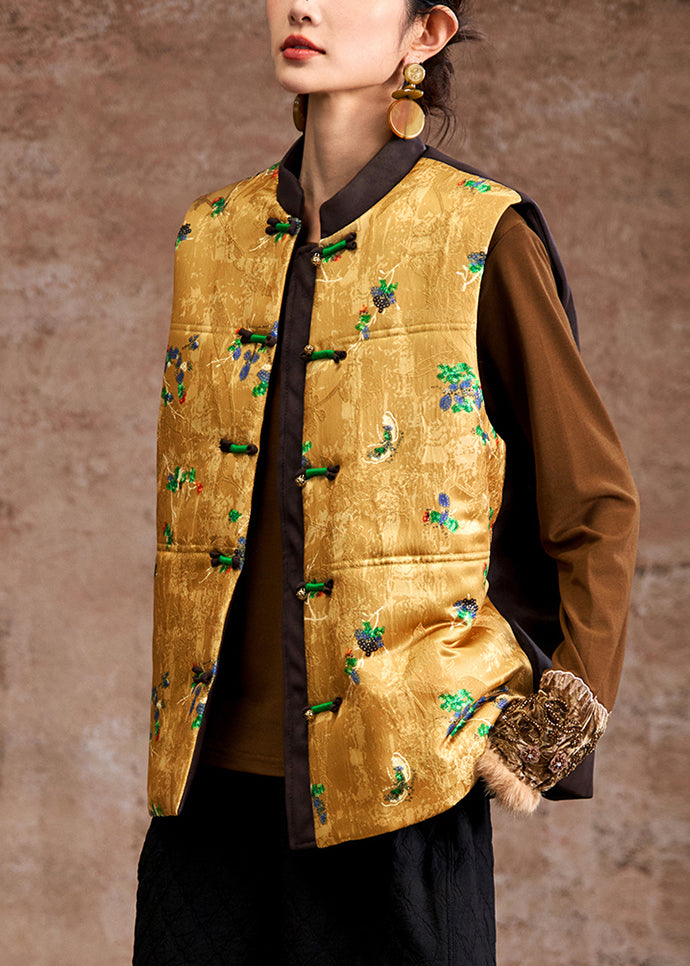 Jacquard Yellow Stand Collar Button Waistcoat Sleeveless