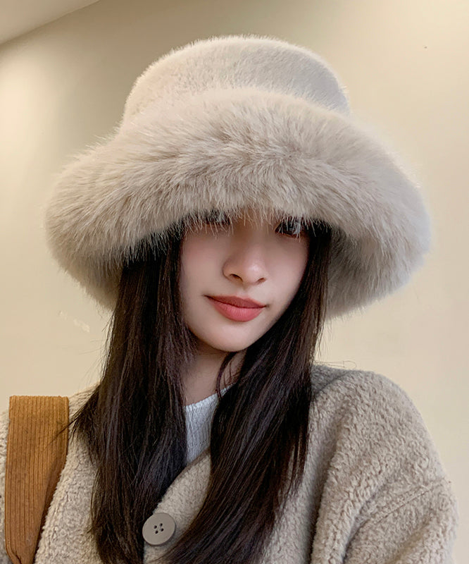 Japanese Style Beige Fox Fur Thick Warm Bucket Hat