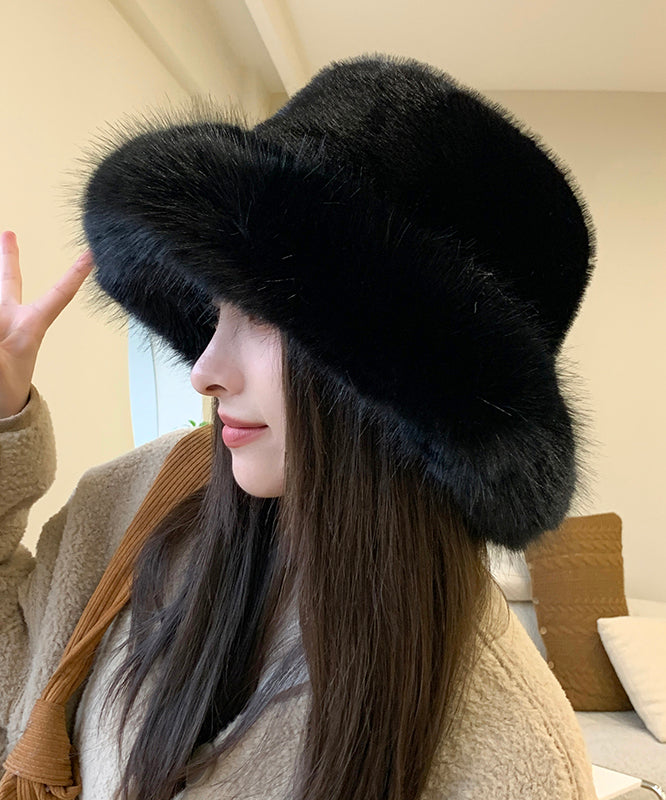 Japanese Style Beige Fox Fur Thick Warm Bucket Hat