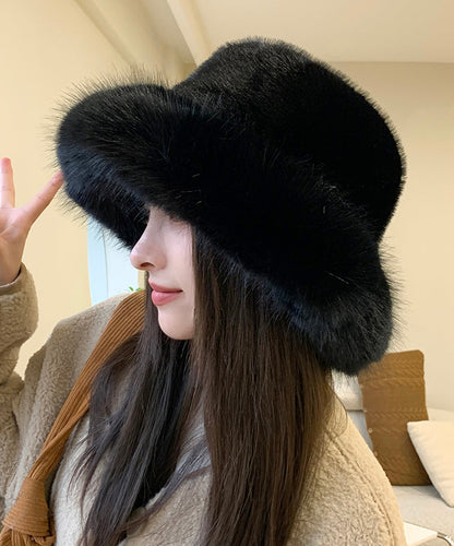 Japanese Style Beige Fox Fur Thick Warm Bucket Hat