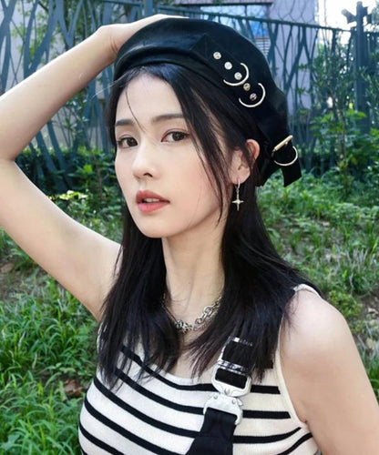Japanese Style Black Belt Buckle Beret Hat