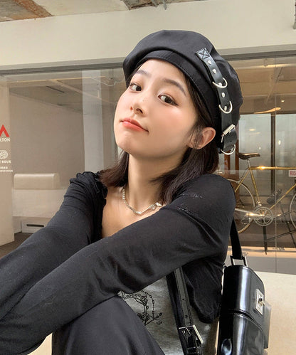 Japanese Style Black Belt Buckle Beret Hat